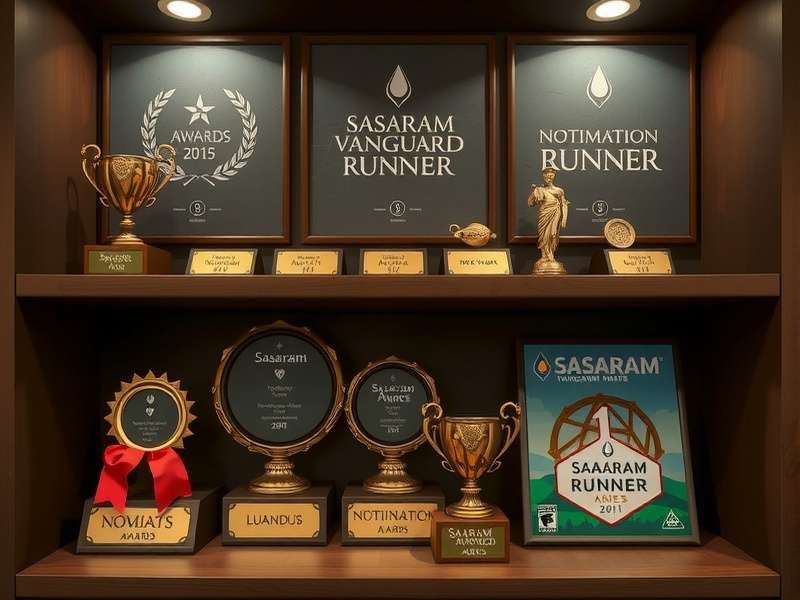 Sasaram Vanguard Runner Awards - The game's awards and nominations displayed on a shelf